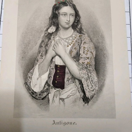 1832 Antigone theatrical costume used hand-colored chalcography 16x23 cm