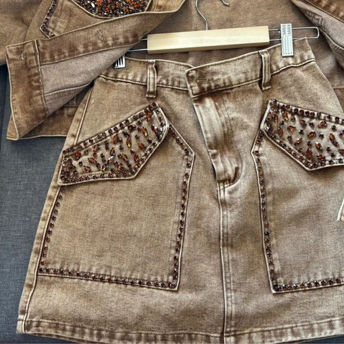 Set Denim jacket and skirt Newtendy with strass, like new