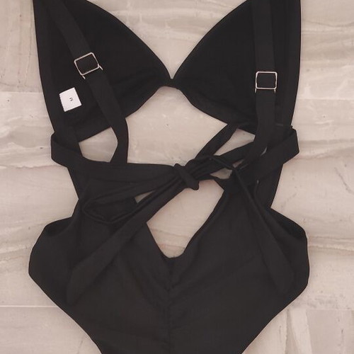 One-piece swimsuit new, black, belly cutout with back ruching