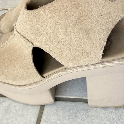 Ugg Goldenstar Hi Cutout Slide beige suede, like new