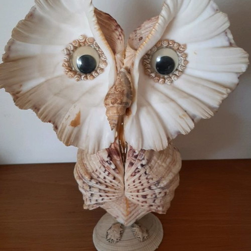 Decorative owl figurine made of large shells used