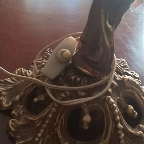Vintage brass table lamp with angel and opaline glass, used