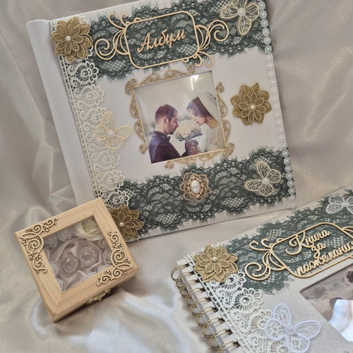 Luxury wedding set handmade with photo album, guest book, ring box