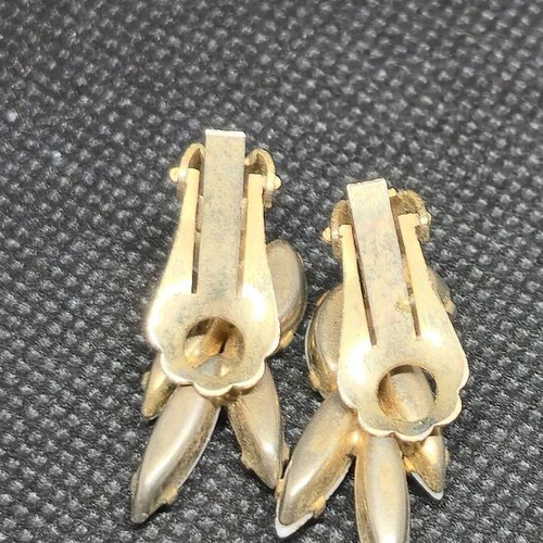 Vintage gold clip-on earrings with white marquise stones like new