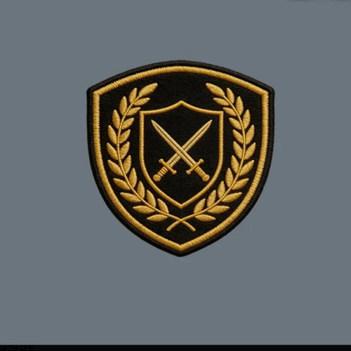 Shield with two golden swords and laurel leaves new, iron-on patch