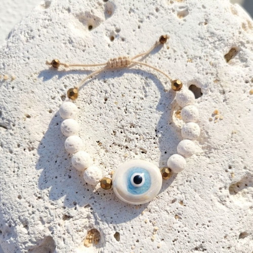 Set of 2 bracelets with ceramic eye and fish, lava and crystals