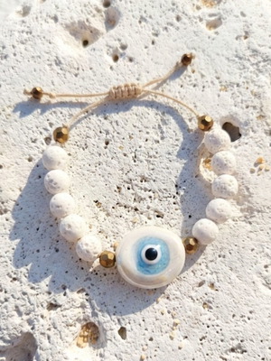 Set of 2 bracelets with ceramic eye and fish, lava and crystals