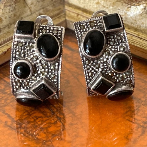 Large handmade silver vintage earrings 925 with agate like new, clip on