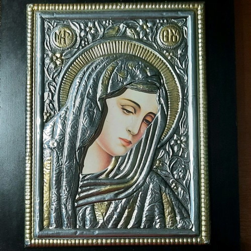 Panagia Thlimmeni metal icon in wooden frame new