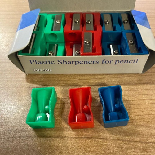 Box of 24 plastic sharpeners green, red, blue new
