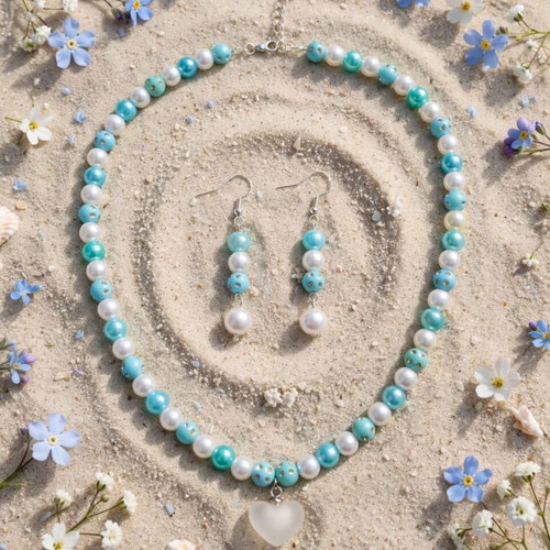 Handmade beaded turquoise and white summer necklace and earrings set new