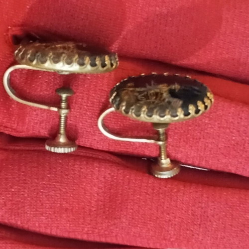 Antique bronze earrings with painted glass, used