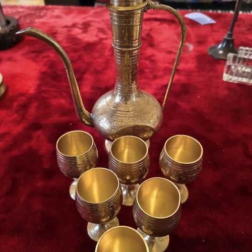 Vintage Oriental Brass Serving Set with Pitcher & 6 Cups