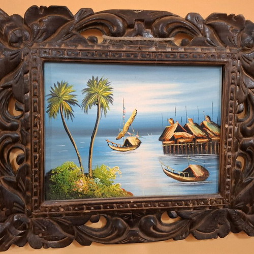 Wooden carved frame with oil painting like new, 33x39cm