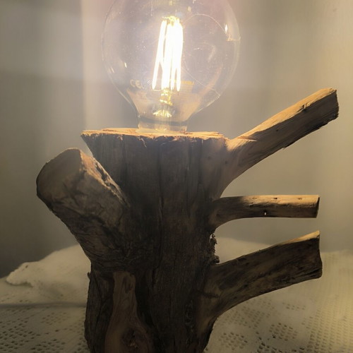 Handmade oak log table lamp with Edison bulb