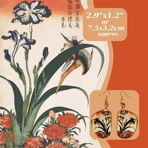 Apefthon earrings with Kingfisher, iris and carnation theme, new, multicolor and gold