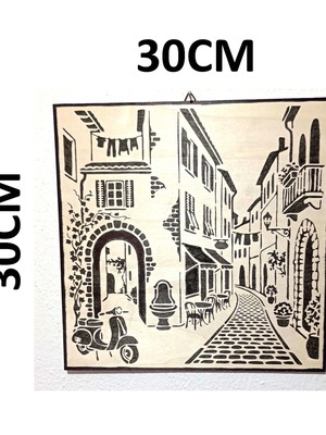 Handmade wooden frame painting of a neighborhood 30x30cm