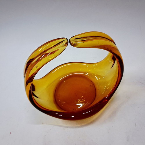 Handblown Glass Basket Amber Gradient Decorative Art Form like new