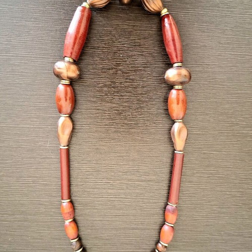 Ethnic Handmade Rosewood Necklace with Metal Clasp and Leather Cord like new
