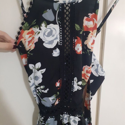 Long dress new with slit and back tie, black with floral pattern