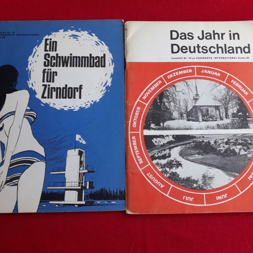 Vintage German language learning books, seasons and swimming pool