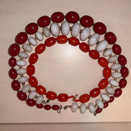 Necklaces used, set of 3 in red, white and burgundy