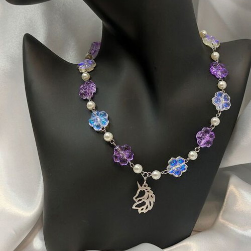 Handmade unicorn necklace new with glass flowers and imitation pearls