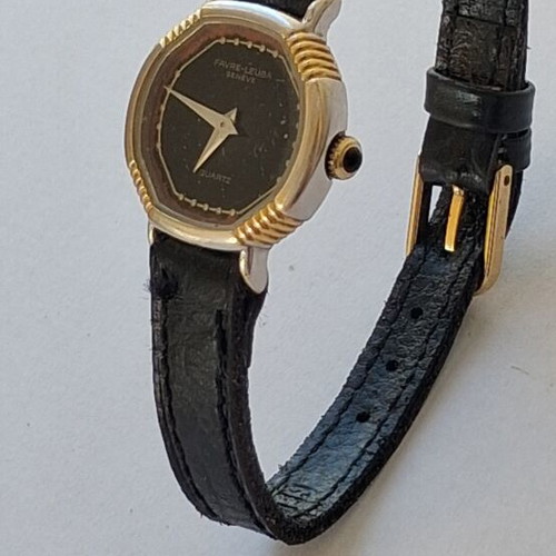 Favre Leuba Quartz watch used, black and gold, leather strap