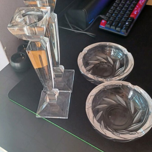 Bohemia Crystal set with 2 candlesticks and 2 ashtrays like new
