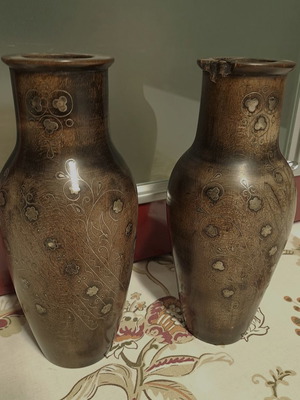 Decorative wooden vases used with metal details, set of 2 pieces