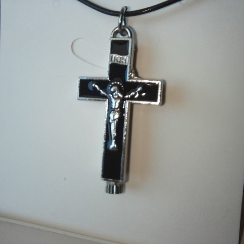 Metal opening cross new with black enamel and adjustable cord