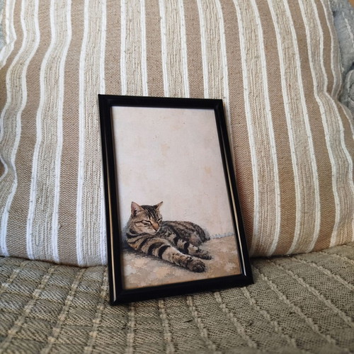 Small frame with Aegean tabby cat 10x15, black frame, minimal summer decor