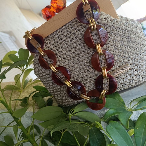 Handmade clutch bag beige with wooden frame and amber beads, new