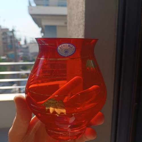 Bohemia Crystal Ruby Red Vase with 24K Gold, new