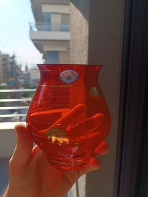 Bohemia Crystal Ruby Red Vase with 24K Gold, new
