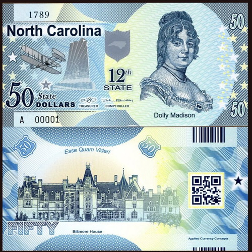 America 50 Dollars 2014 12th State North Carolina Dolly Madison Polymer new