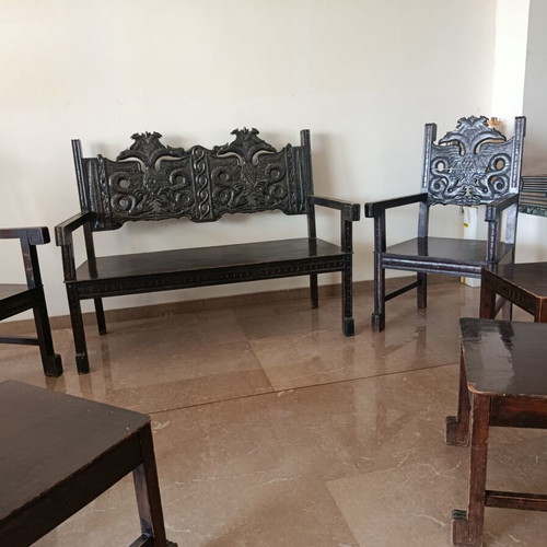 Skyrian living room set, handcrafted walnut wood with carved Byzantine eagle design