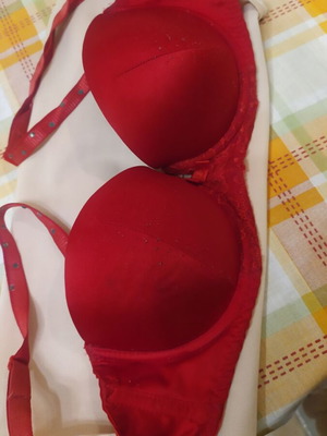 Bra used red with straps decorated with rhinestones