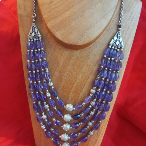 925 Silver Necklace with Amethyst, Ethnic Style