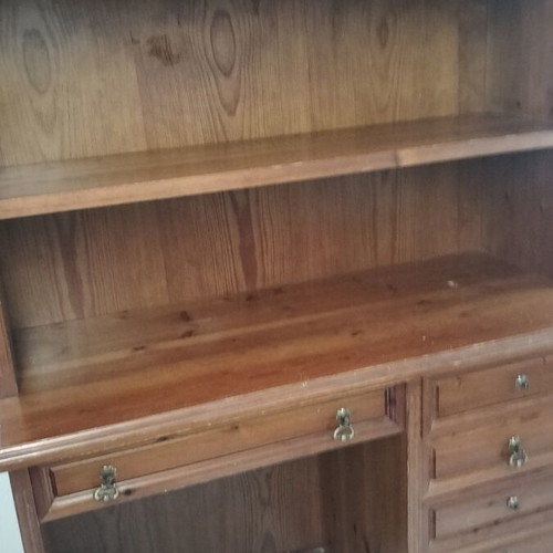 Large wooden bookcase desk used, warm natural wood tone