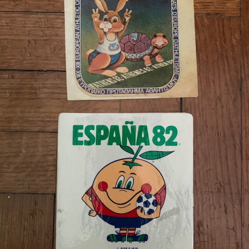 Collectible match stickers España 82 and Athens 82 used, pack