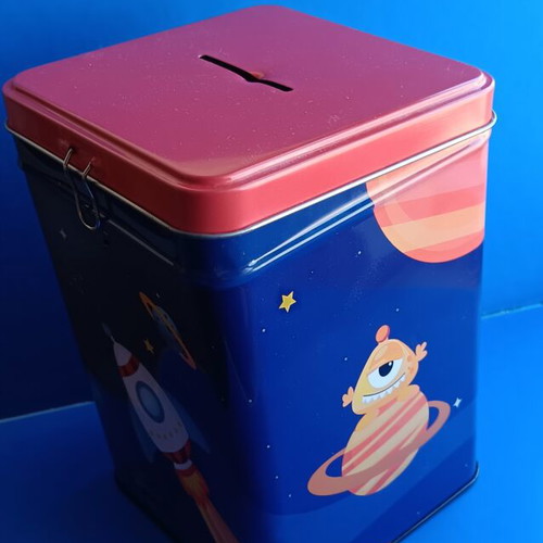 Space-themed pencil case and stickers new, includes metal piggy bank