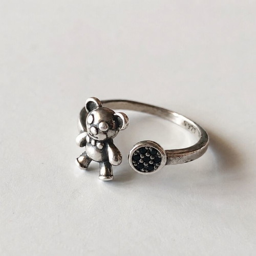 S925 Silver Adjustable Bear Ring with Black Stones