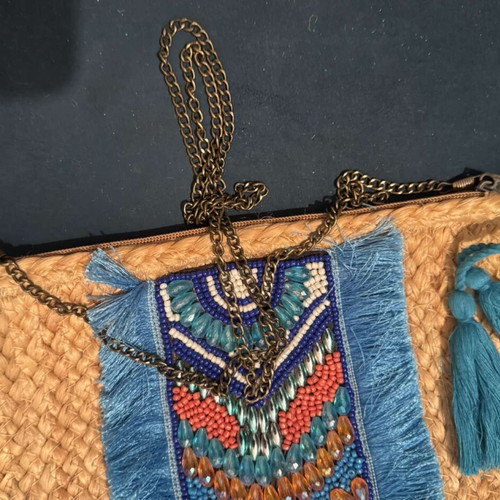 Fullah Sugah summer jute crossbody bag with embroidered beads and detachable chain