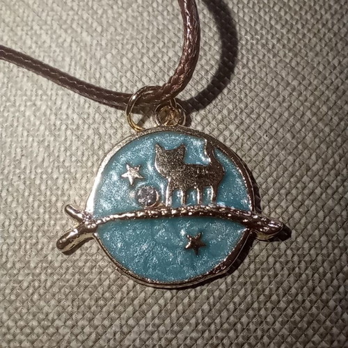 Metal pendant with cat new, turquoise and gold color