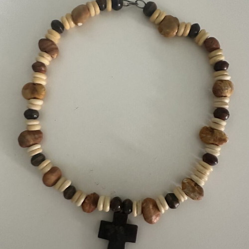 Boho Chic Unisex Necklace with Wooden Beads and Cross in Earthy Tones