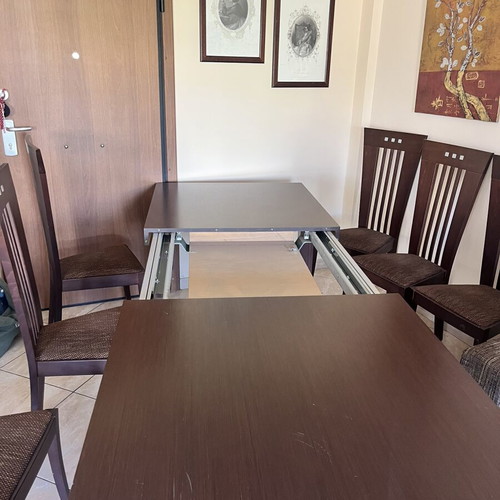 Extendable dining table with 6 chairs, dark brown