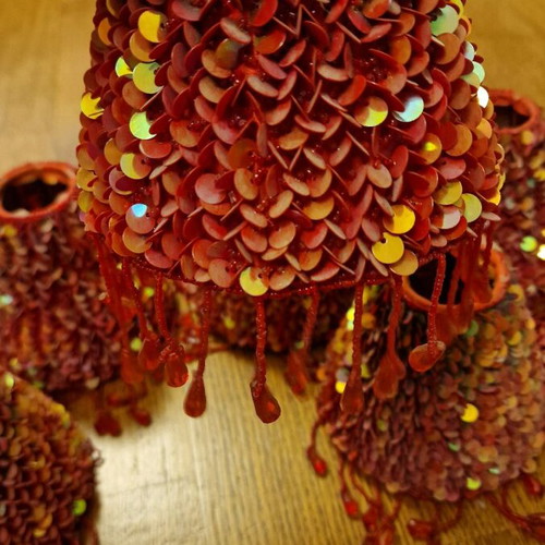 Vintage lampshades pack of 5 with red iridescent sequins and bead fringes used