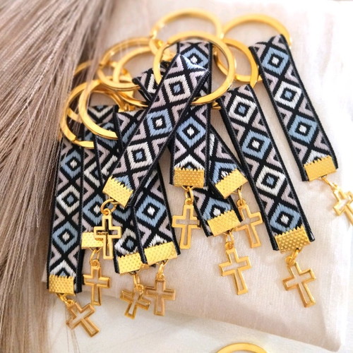 Handmade baptism favors keychains with ribbon and cross charm
