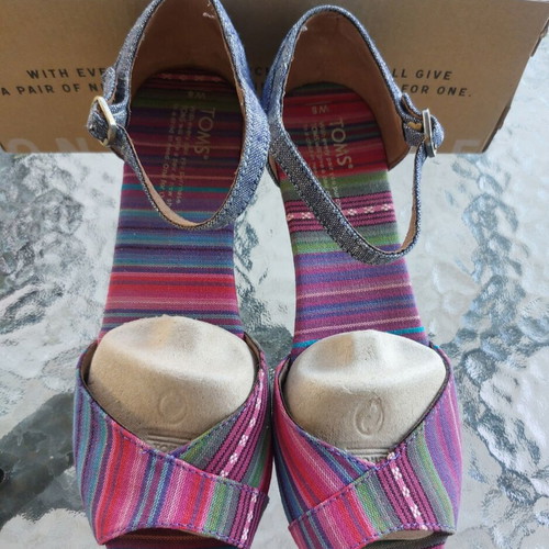 Toms platform sandals with cork and multicolor denim, like new